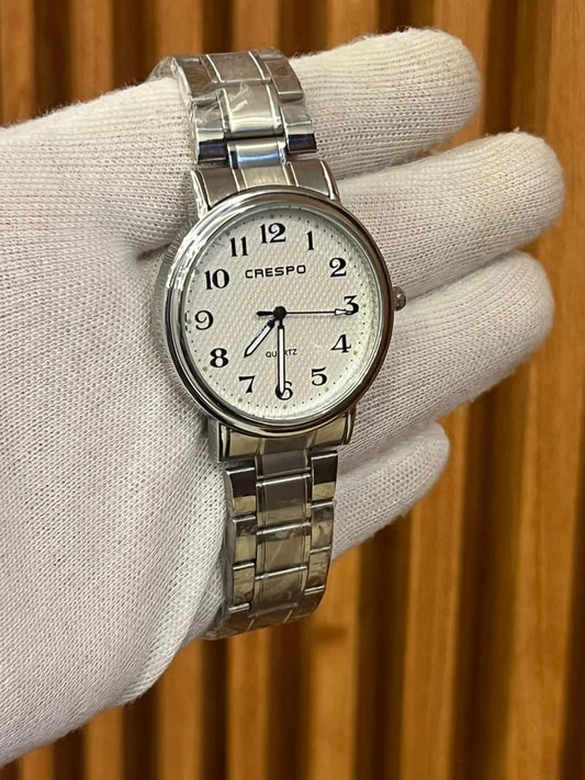 CRESPO Quartz Stainless Steel Watch – Elegant Silver Dial Men Wrist Watch